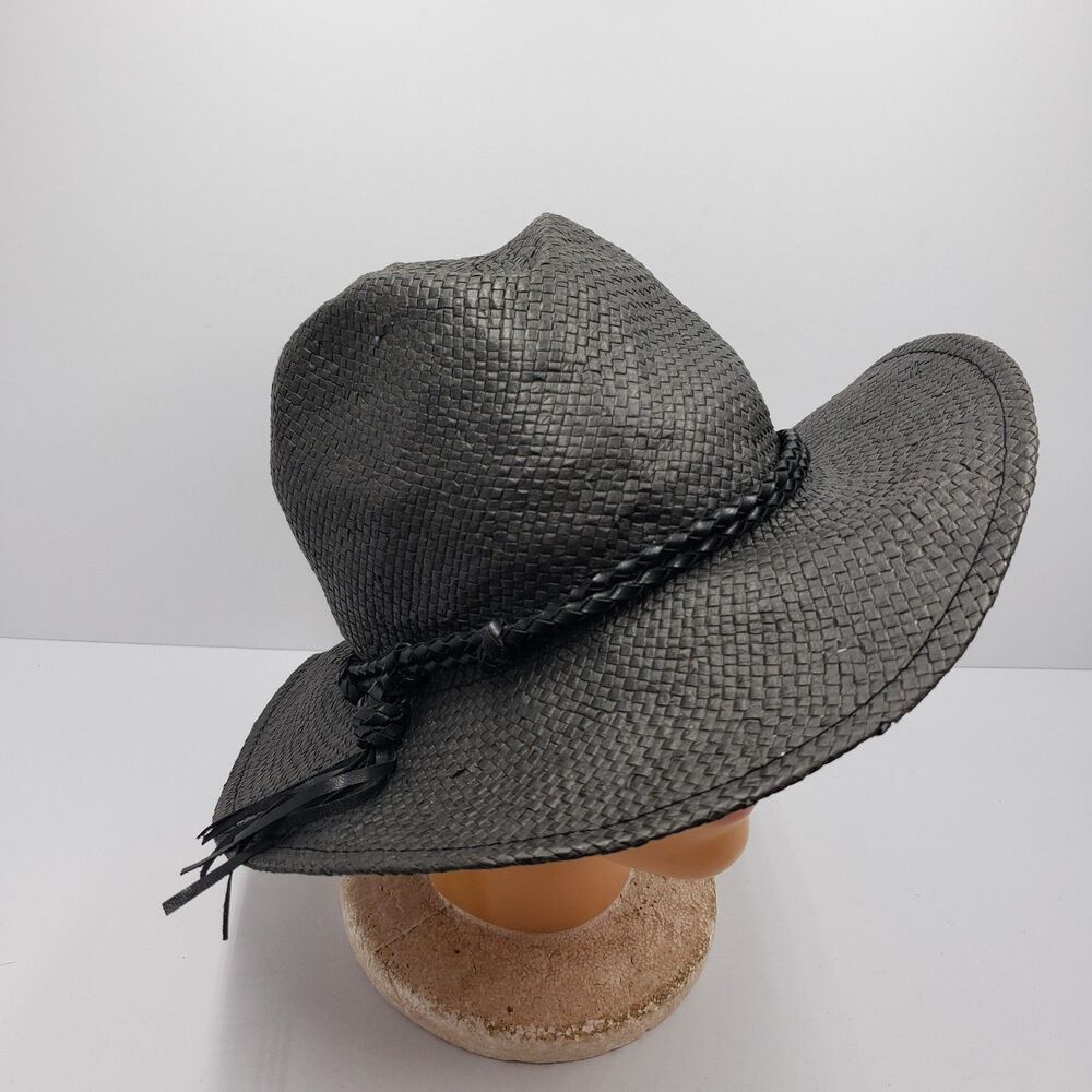 Free People Straw Sun Hat Womens Black Woven Paper Braided Fringe Band Festival